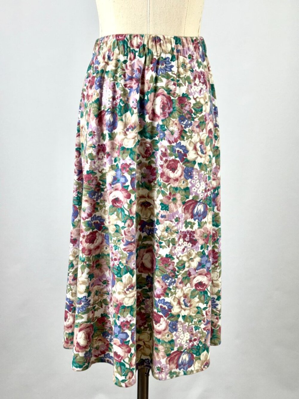 Vtg 70s 80s Floral Jersey Gathered Skirt Elastic Waist Cabbage Rose Cottagecore